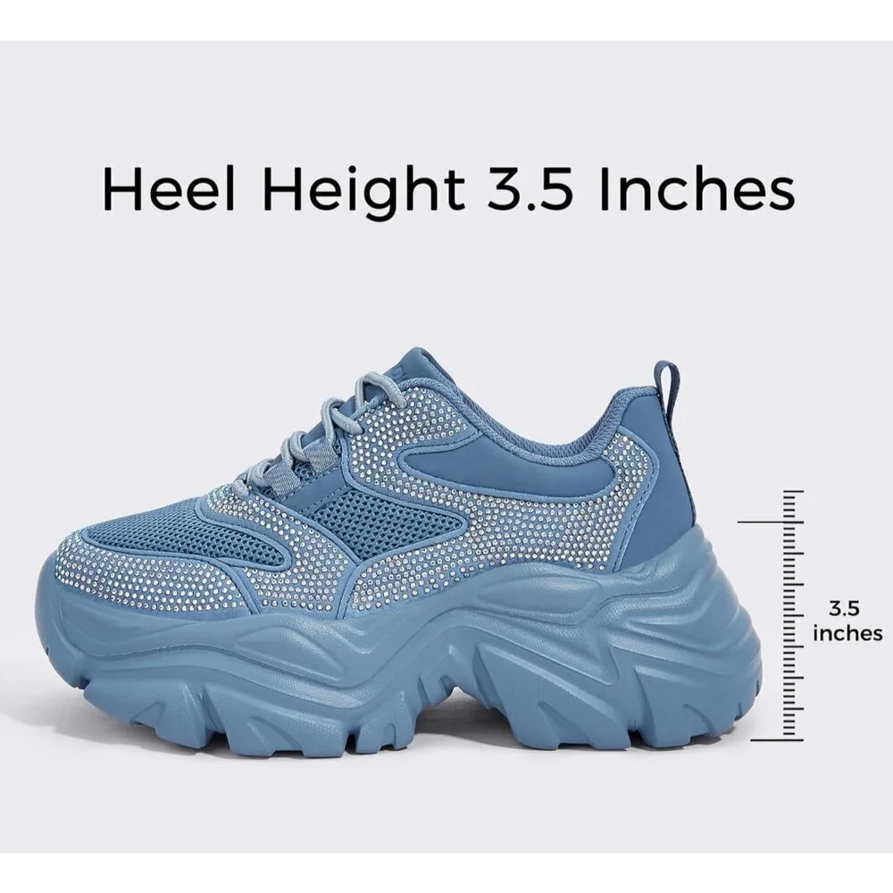 Women Leather Blue Rhinestone Comfortable Wedge Walking Sport Sneakers Shoes